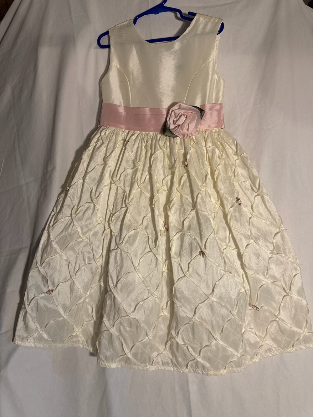 #352 Jayne Copeland Ivory Party Dress with Pink Sash and Rosette